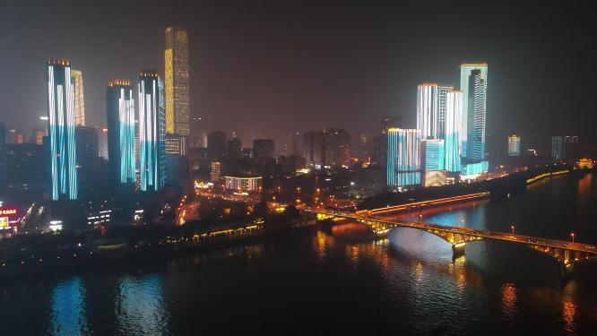 湖南长沙城市夜景交通航拍
