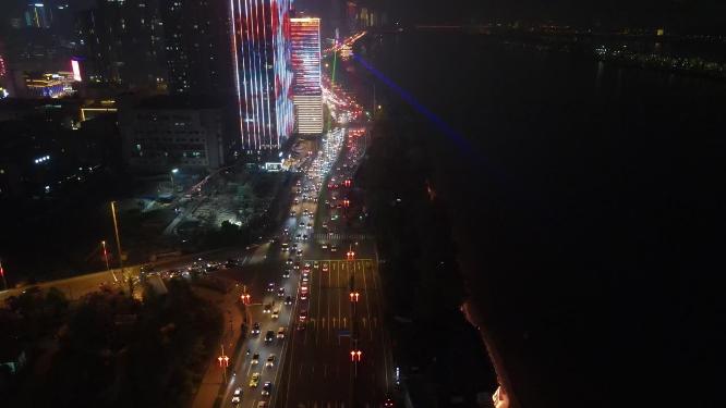 湖南长沙城市夜景交通航拍