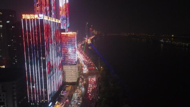 湖南长沙城市夜景交通航拍