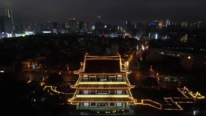 湖南长沙杜甫江阁夜景航拍