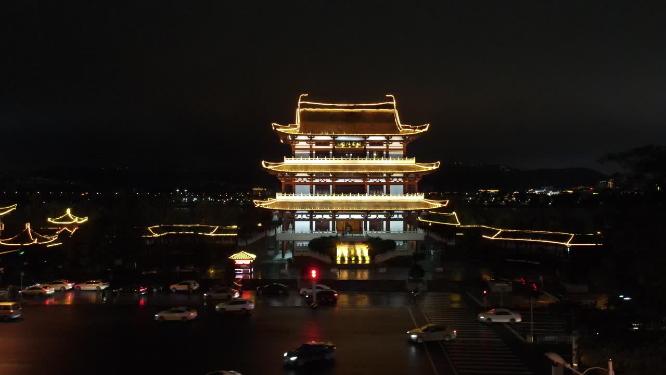 湖南长沙杜甫江阁夜景航拍