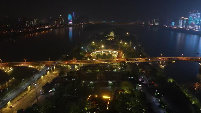湖南长沙湘江橘子洲夜景航拍