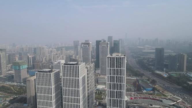 航拍山东济南金融中心CBD商务建筑