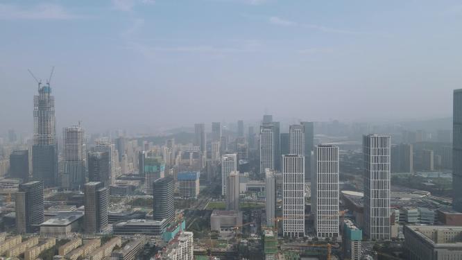 航拍山东济南金融中心CBD商务建筑