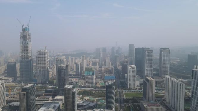 航拍山东济南金融中心CBD商务建筑
