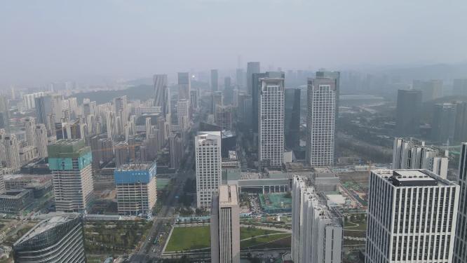 航拍山东济南金融中心CBD商务建筑