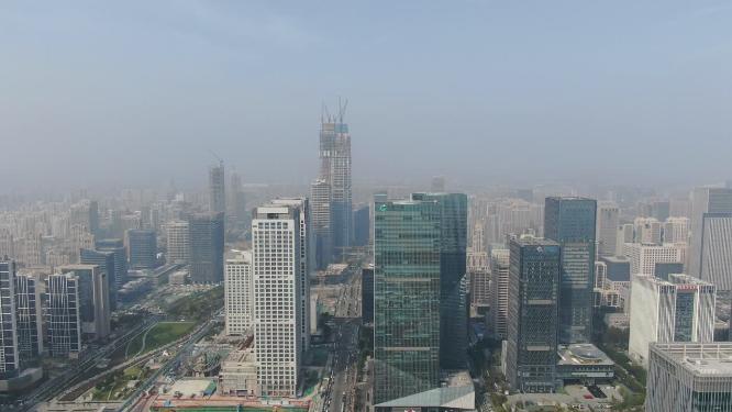 航拍山东济南金融中心CBD商务建筑