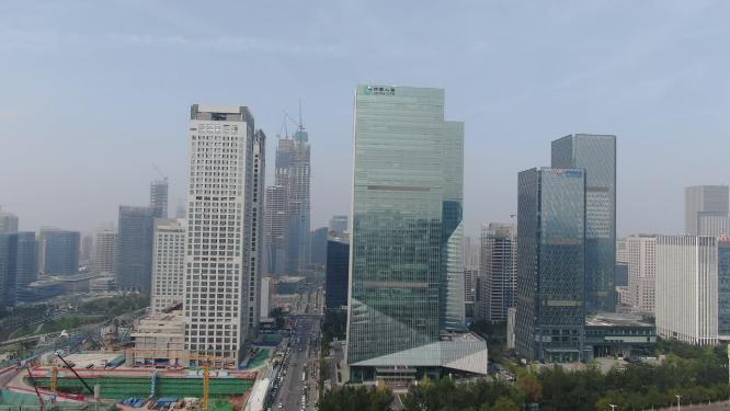 航拍山东济南金融中心CBD商务建筑