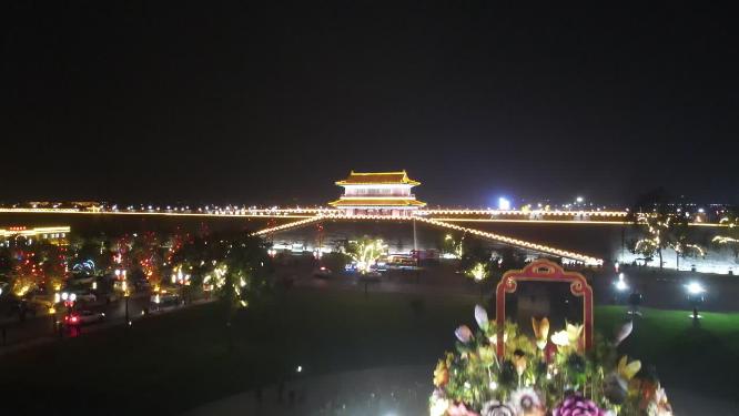航拍河北石家庄正定古城夜景灯光