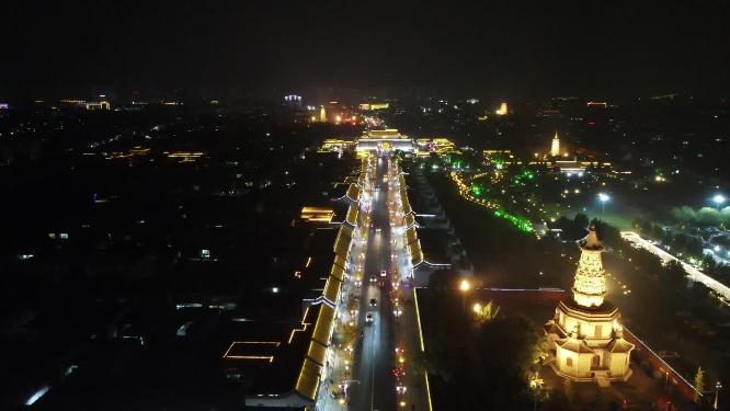 航拍河北石家庄正定古城夜景灯光
