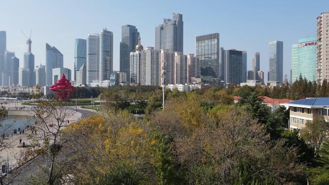 青岛沿海城市CBD五四广场航拍