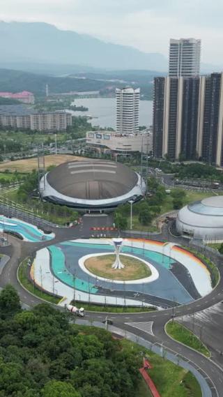 航拍江西九江市体育中心体育馆游泳馆