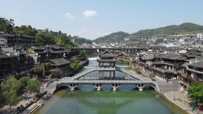 航拍湖南湘西凤凰古城雪桥
