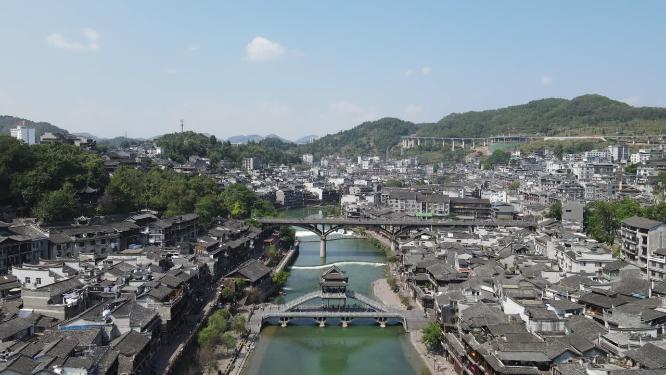 航拍湖南湘西凤凰古城雪桥