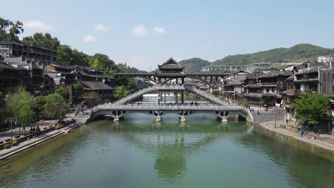 航拍湖南湘西凤凰古城雪桥