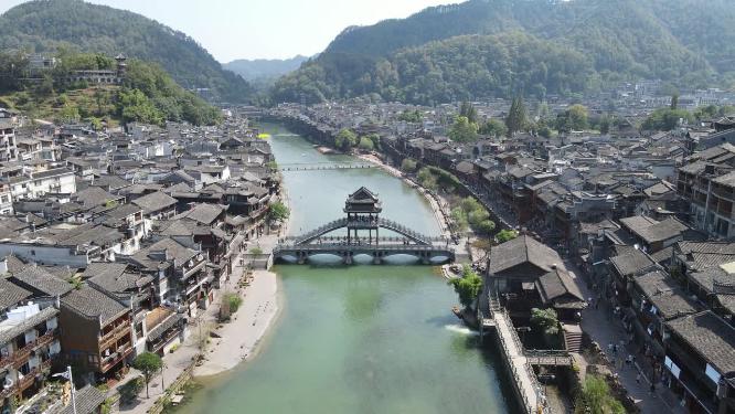 航拍湖南湘西凤凰古城雪桥