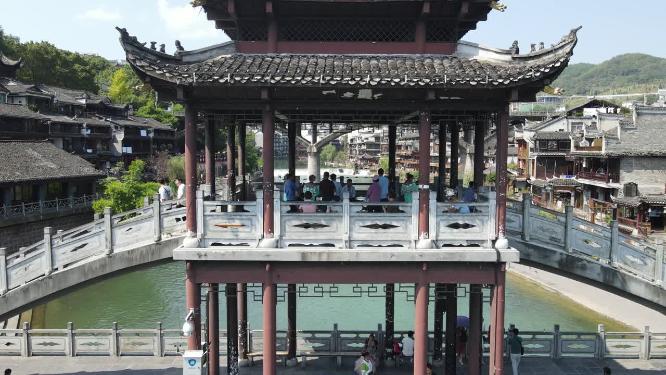 航拍湖南湘西凤凰古城雪桥