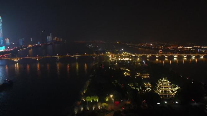 湖南长沙湘江橘子洲夜景航拍