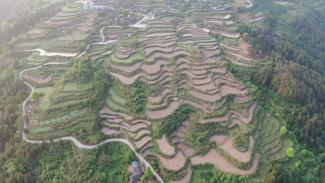 航拍山中梯田乡村