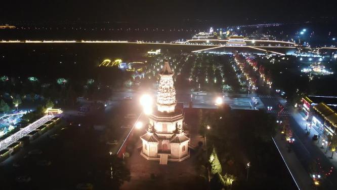 航拍河北石家庄正定古城夜景