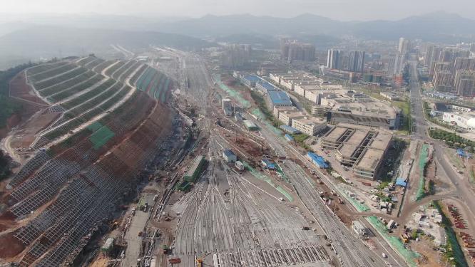航拍火车轨道交通施工工地怀化西站