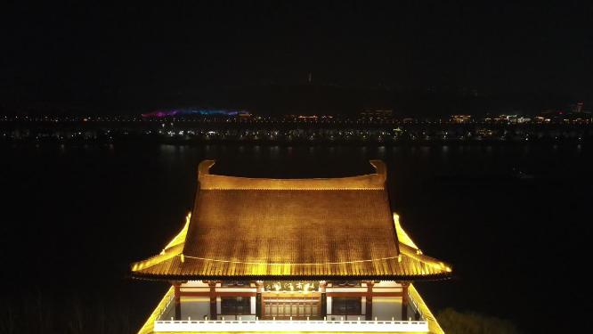 湖南长沙杜甫江阁夜景灯光航拍