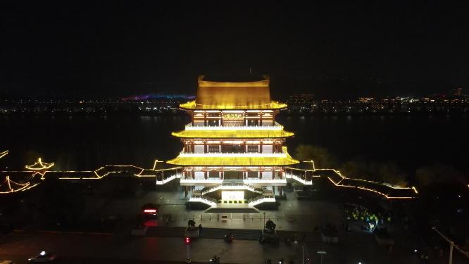 湖南长沙杜甫江阁夜景灯光航拍
