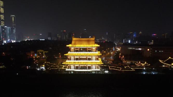 湖南长沙杜甫江阁夜景灯光航拍