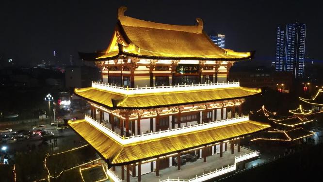 湖南长沙杜甫江阁夜景灯光航拍