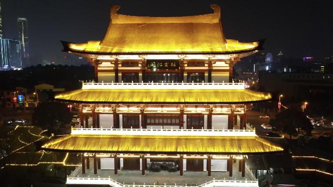 湖南长沙杜甫江阁夜景灯光航拍