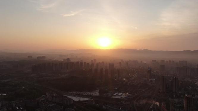 航拍江西瑞金城市日落晚霞夕阳