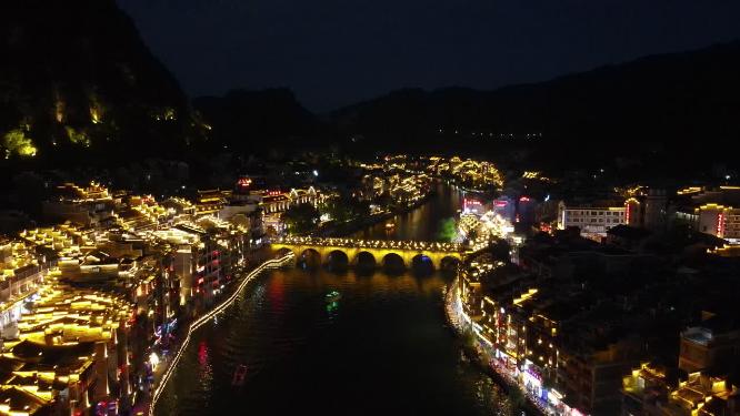 贵州镇远古镇夜景灯光航拍