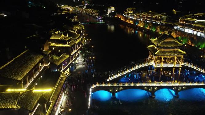 4K航拍湖南凤凰古城雪桥夜景灯光