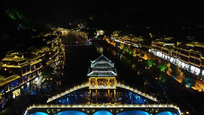 4K航拍湖南凤凰古城雪桥夜景灯光