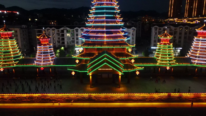 城市航拍侗族特色建筑古楼夜景灯光