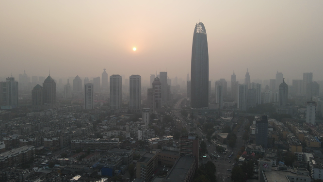 城市航拍济南城市日落夕阳