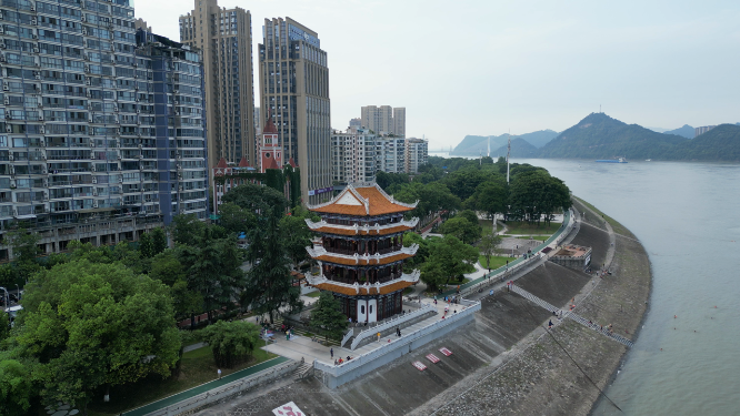 城市航拍湖北宜昌镇江阁历史文化古建筑