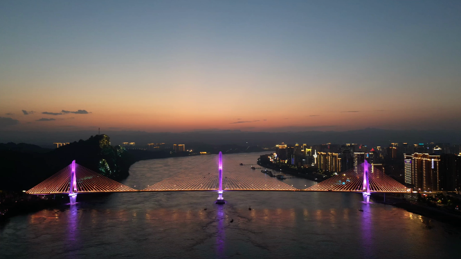 城市航拍湖北宜昌长江大桥夜景灯光