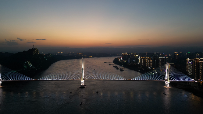 城市航拍湖北宜昌长江大桥夜景灯光 