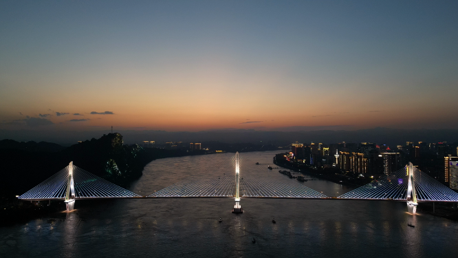 城市航拍湖北宜昌长江大桥夜景灯光 