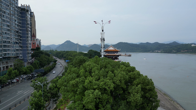 城市航拍湖北宜昌长江风光带