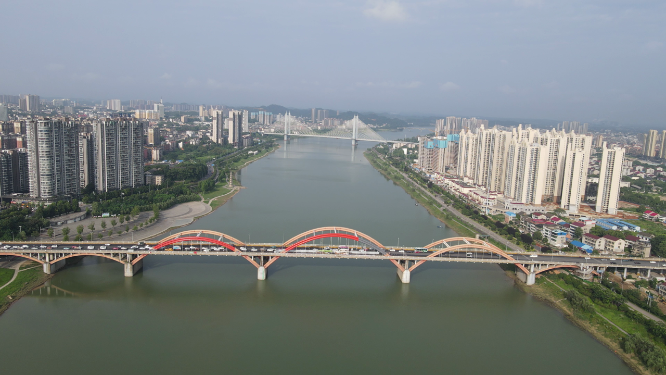 城市航拍湖南益阳龙洲大桥交通
