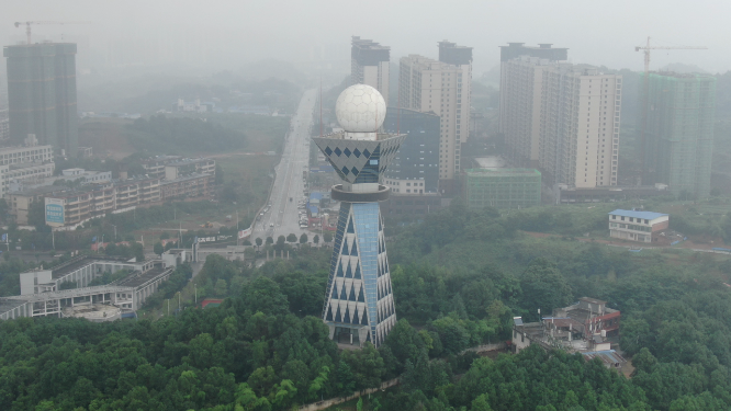 城市航拍湖南邵阳气象塔地标建筑