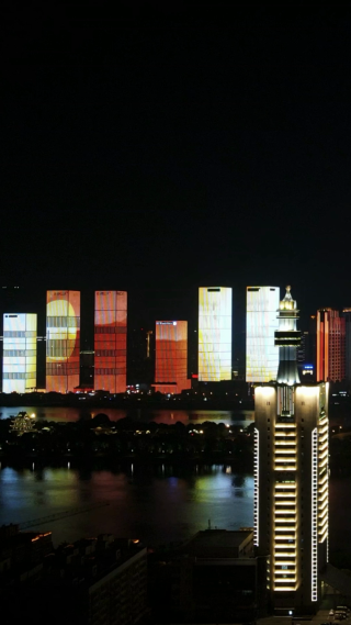 城市航拍湖南长沙夜景移动延时