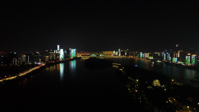 城市航拍湖南长沙湘江夜景灯光秀