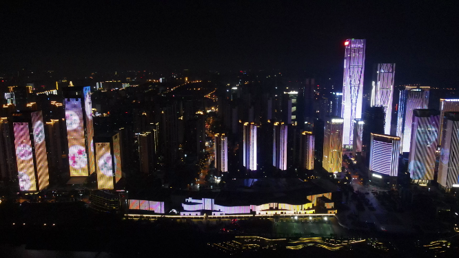 城市航拍湖南长沙金融中心夜景灯光