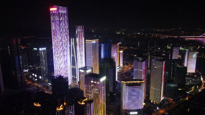 城市航拍湖南长沙金融中心夜景灯光
