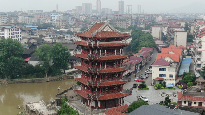 城市航拍湖南靖州地标望江楼古建筑 