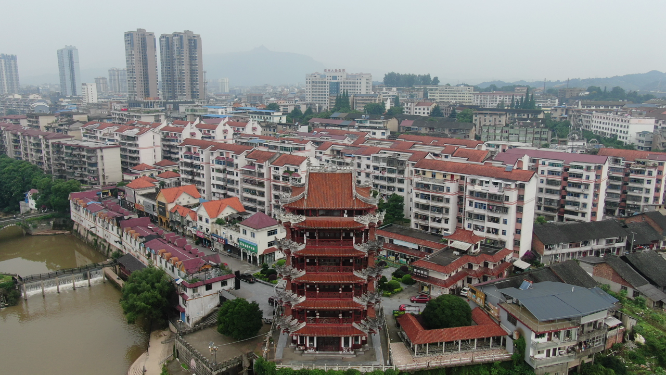 城市航拍湖南靖州地标望江楼古建筑 