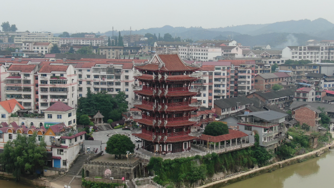 城市航拍湖南靖州地标望江楼古建筑 